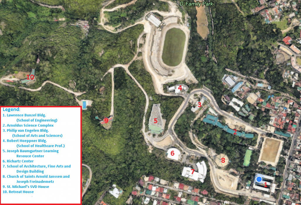 Figure 1. USC Talamban Campus buildings (Google Earth image capture)