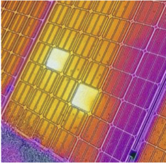 An infrared thermographic image of a photovoltaic module